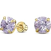 Solid 14K Gold Round Solitaire Simulated-Birthstone Minimalist Stud Earring with Comfort Screw Backing
