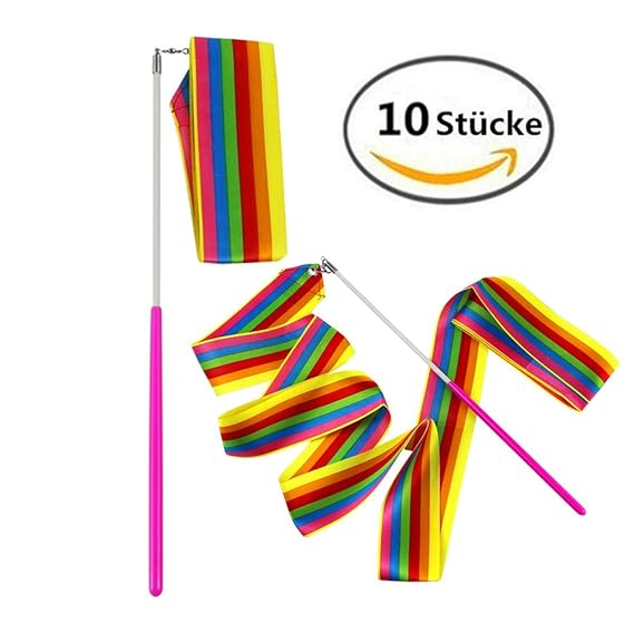 MUROAD 10 Stücke 2Meter Regenbogen Gymnastikband, Tanzband Turnband Rhythmikband Wirbelband Schwungband mit Stab, wirbelnden 