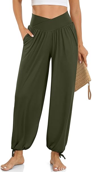 DACESLON WOMEN’S YOGA JOGGERS PANTS CASUAL LOOSE WORKOUT LOUNGE PAJAMAS COZY SWEATPANTS HIGH WAISTED COMFY PANTS WITH POCKETS(ARMY GREEN,L)