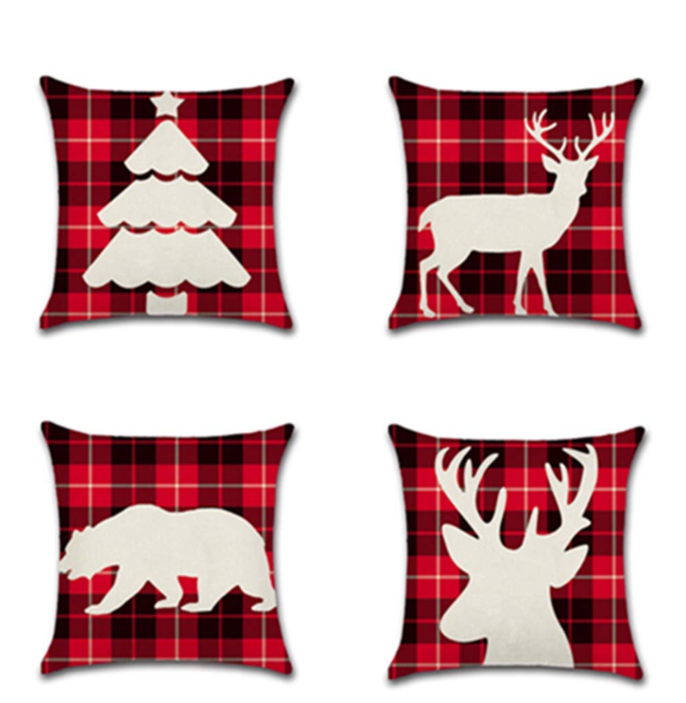 Inshere Christmas Tree Festive Snowflake Deer 18x18 Fall Decor Pillow Covers Throw Pillow Decorative Cotton Linen Cover Cases Set of 4 for Couch Car Sofa Bed Décor