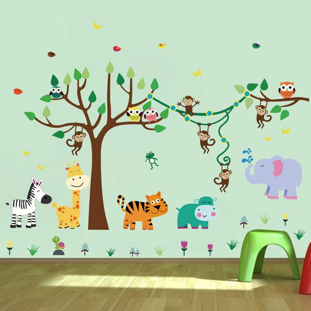 decalmile Animal Tree Wall Stickers Monkey Giraffe Elephant Kids Wall Decals Baby Nursery Kids Room Wall Decor