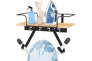 Ironing Board Holder Wall Mount, Adjustable Hooks for Y & T-Leg Ironing Board Holder with Storage Wooden Base Basket Decor Ir