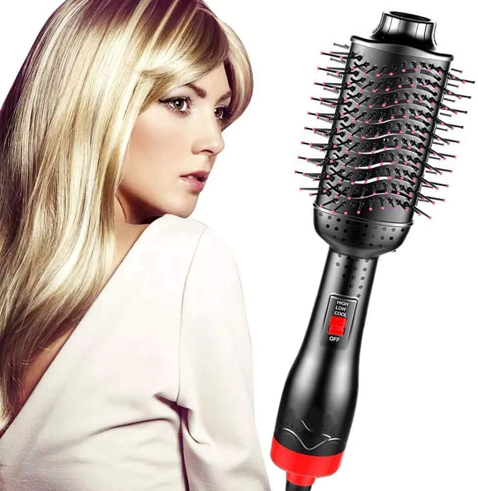Hair Dryer Brush Magic Hot Air Brush Hair Dryer Volumizer Brush Hair Blower Multi-functional Hair Straightener & Curler Brush Negative Ion Styling Hot Air Brush Comb (A)