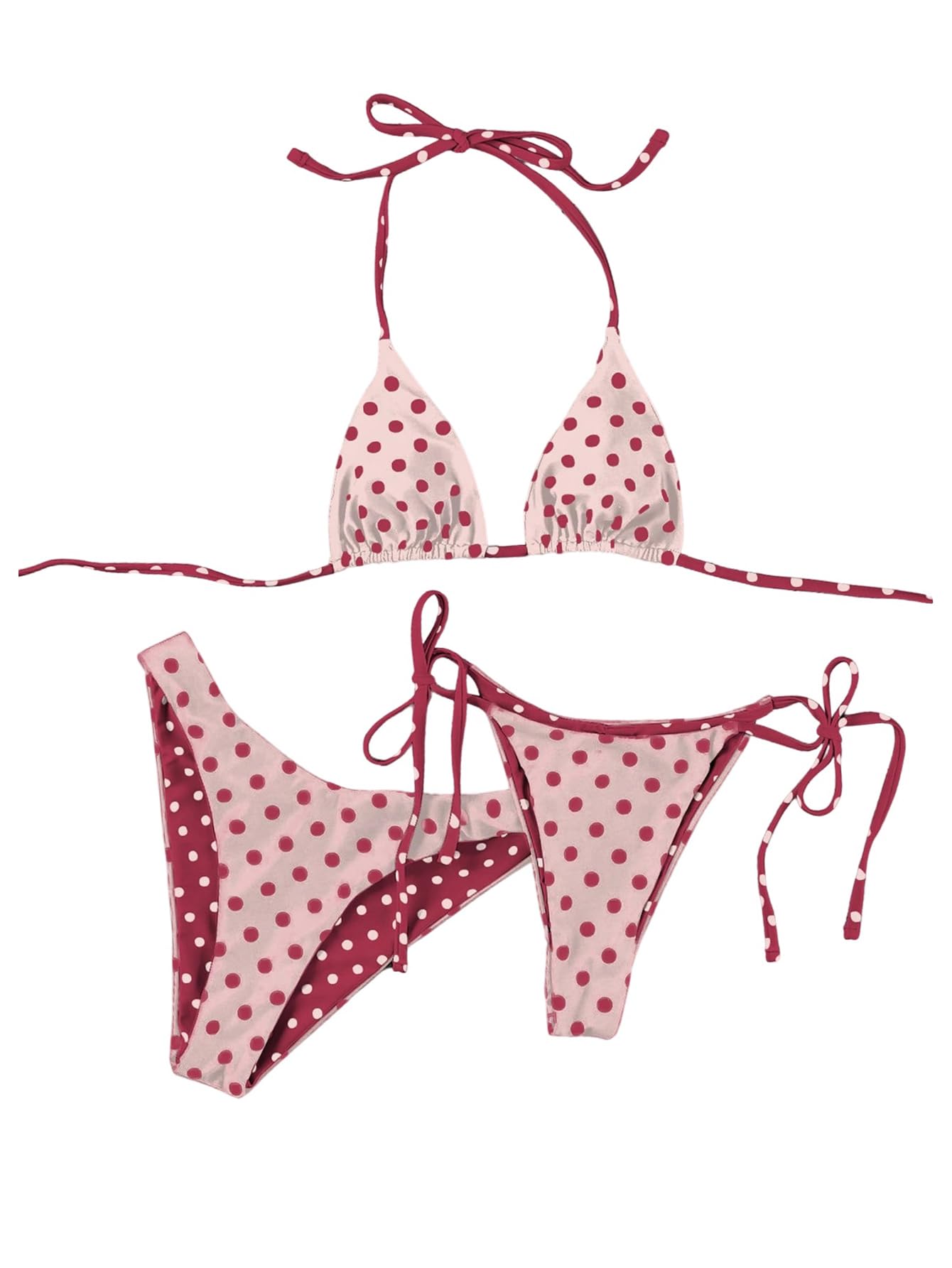 View 1 of **TOP ONLY** WDIRARA Women's Polka Dots 3 Piece Bikini Set Triangle Halter Thong Swimsuit Bathing Suit Pink Rose Small