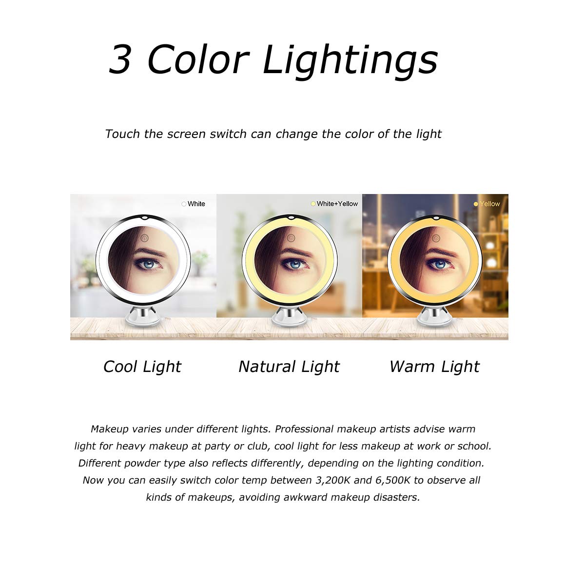 KOOLORBS 10X Magnifying Makeup Mirror with Lights, 3 Color Lighting, Intelligent Switch, 360 Degree Rotation, Powerful Suction Cup, Portable, Good for Tabletop, Bathroom, Traveling: Beauty