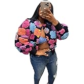 OLAMIOSO Women's 3D Flower Cropped Bomber Jacket Button Down Varsity Jackets
