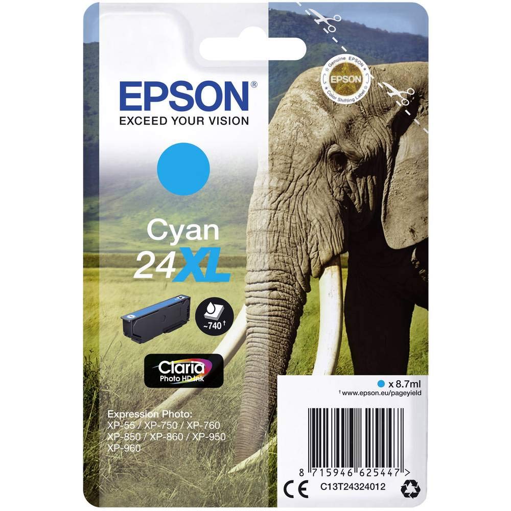 Epson 24XL Cyan Elephant High Yield Genuine, Claria Photo HD Ink Cartridge, XL High Capacity