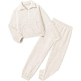 Yimoon Girls Fleece Pants Set Fuzzy 2 Piece Outfits Quarter-Zip Sweatshirt Pants Fall Winter Girls Clothing Set