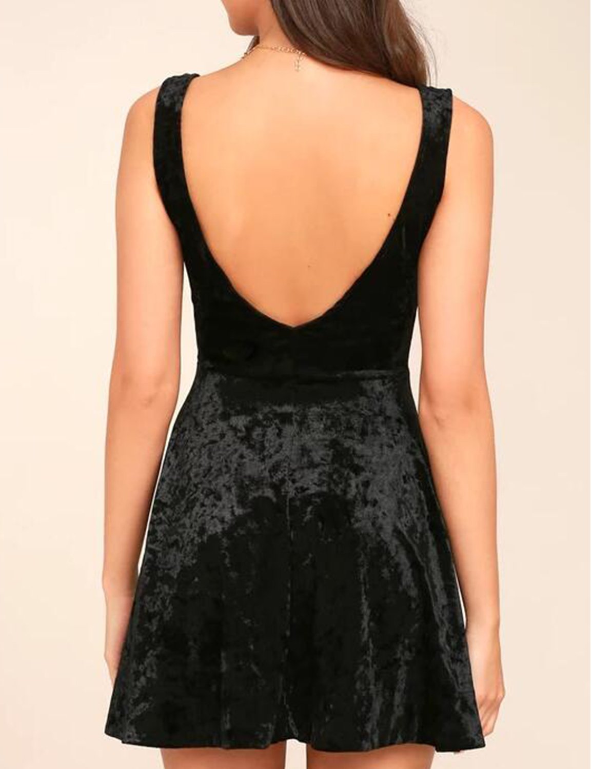 Blooming Jelly Women\'s V Neck Dress Velvet Spaghetti Strap Sleeveless Open Back Pleated Zip Elastic Mini Dress (Black, M=UK 12)