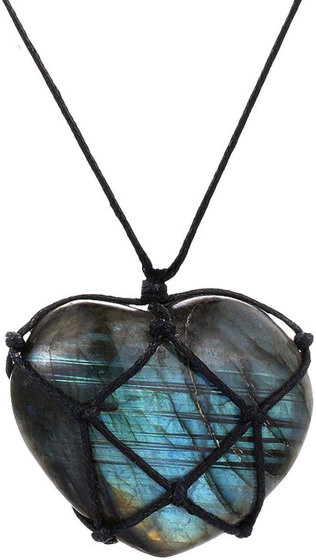 Dragons Heart Labradorite Necklace Natural Stone Pendant Wrap Braid Necklace Macrame Necklace for Men Women Energy Necklace,Black Heart