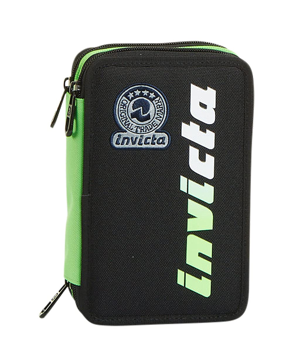 Invicta S.P.A. 3-Compartment Case, Kupang, Black/Green, Complete with Pencils, Pens, Markers