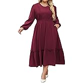 Hanna Nikole Women Plus Size Long Sleeve Casual Dress 2026 Spring V Neck Pleated Flowy Tiered Maxi Dresses with Pockets