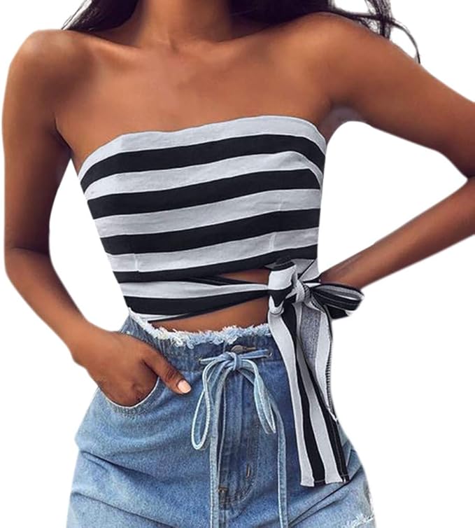 Women Tank Top Puyujin Women's Front Tie Knot Tank Tops Striped Off
