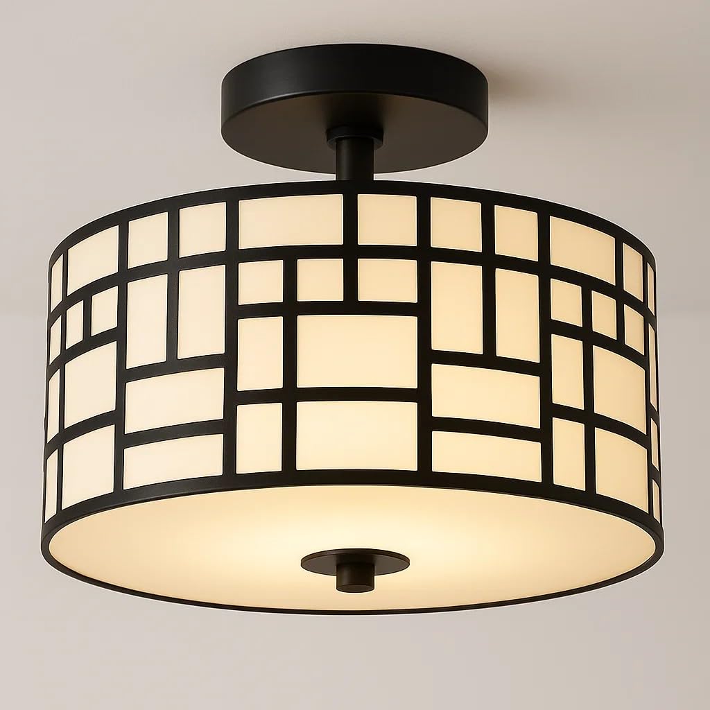 Photo 1 of WillieSmart Semi Flush Mount Ceiling Light Black Rectangle Pattern LED Light Fixture with Drum Shade Indoor Use Living Dining Room Kitchen Modern Chandelier Lamps Brushed Chrome Finish E26 Bulb Base