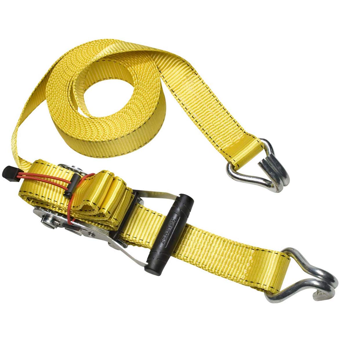 Master Lock 3059EURDAT Ratchet Tie Down Strap with J-Hooks, Yellow, 8.25 m x 50 mm Strap