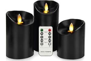 AKU TONPA Flameless Candles Battery Operated Pillar Real Wax Electric LED Candle Set with Remote Control Cycling 24 Hours Timer, Pack of 3 (Black)