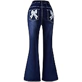 SweatyRocks Girl's Flare Leg Jeans Cute Y2K Bowknot Elastic Waist Denim Pants Long Trousers