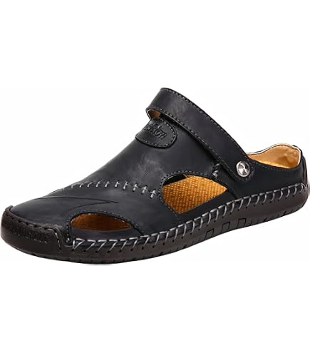 Men\'s Closed Toe Leather Strap Sandals Non-Slip Summer Beach Flat Shoes for Amazon.com | Shaire Men main image 3
