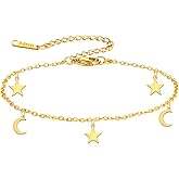 Amaxer Adjustable Star Moon Anklet Bracelet Stainless Steel Lightweight Foot Chain for Women Summer Beach Jewelry