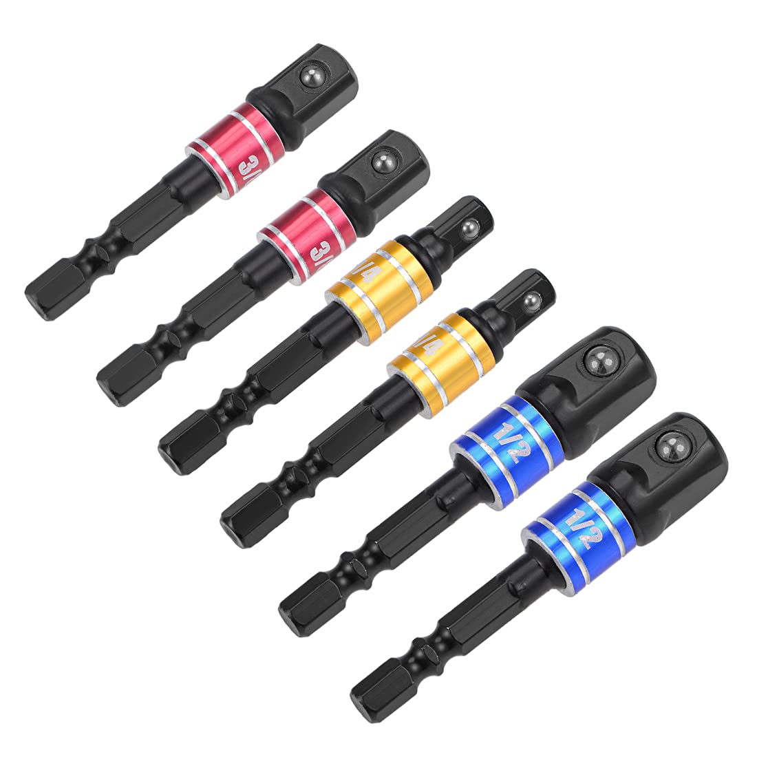 sourcing map 6 Pcs 1/4", 3/8", 1/2" Driver Extension Impact Grade Socket Adapter Set, Hex Shank Bit for Power Drills (Black)