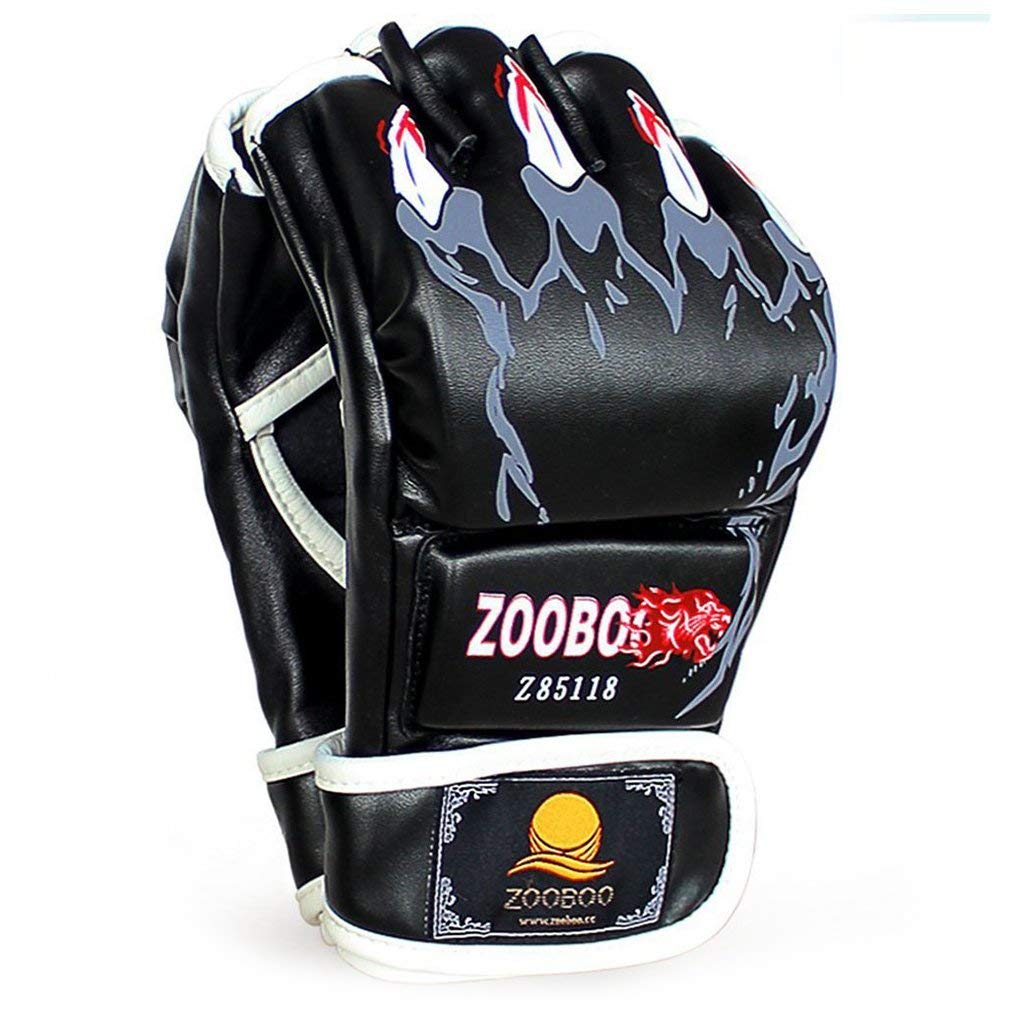 ZooBoo MMA Gloves - Half-Finger Boxing Fight Mitts With Adjustable Wrist Band for UFC, Sanda Sparring, Punching Bag Training, HS-Black