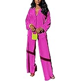 kaimimei Casual 2 Piece Outfit for Women - Linen Long Sleeve Button Down Shirt + Flare Pleated Wide Leg Pants Sets Streetwear