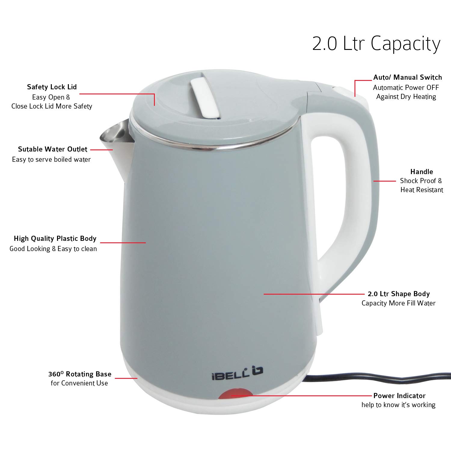 Premium Inside Stainless Steel Electric Kettle 2 Ltr 1500W iBELL