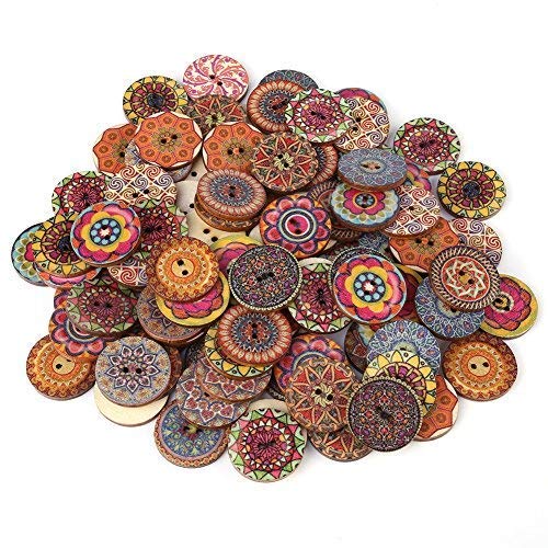 100pcs 25mm Round Wood Buttons Vintage DIY Wooden Buttons with Classic Mandala-Style Printing for Sewing and Crafting 2 Holes