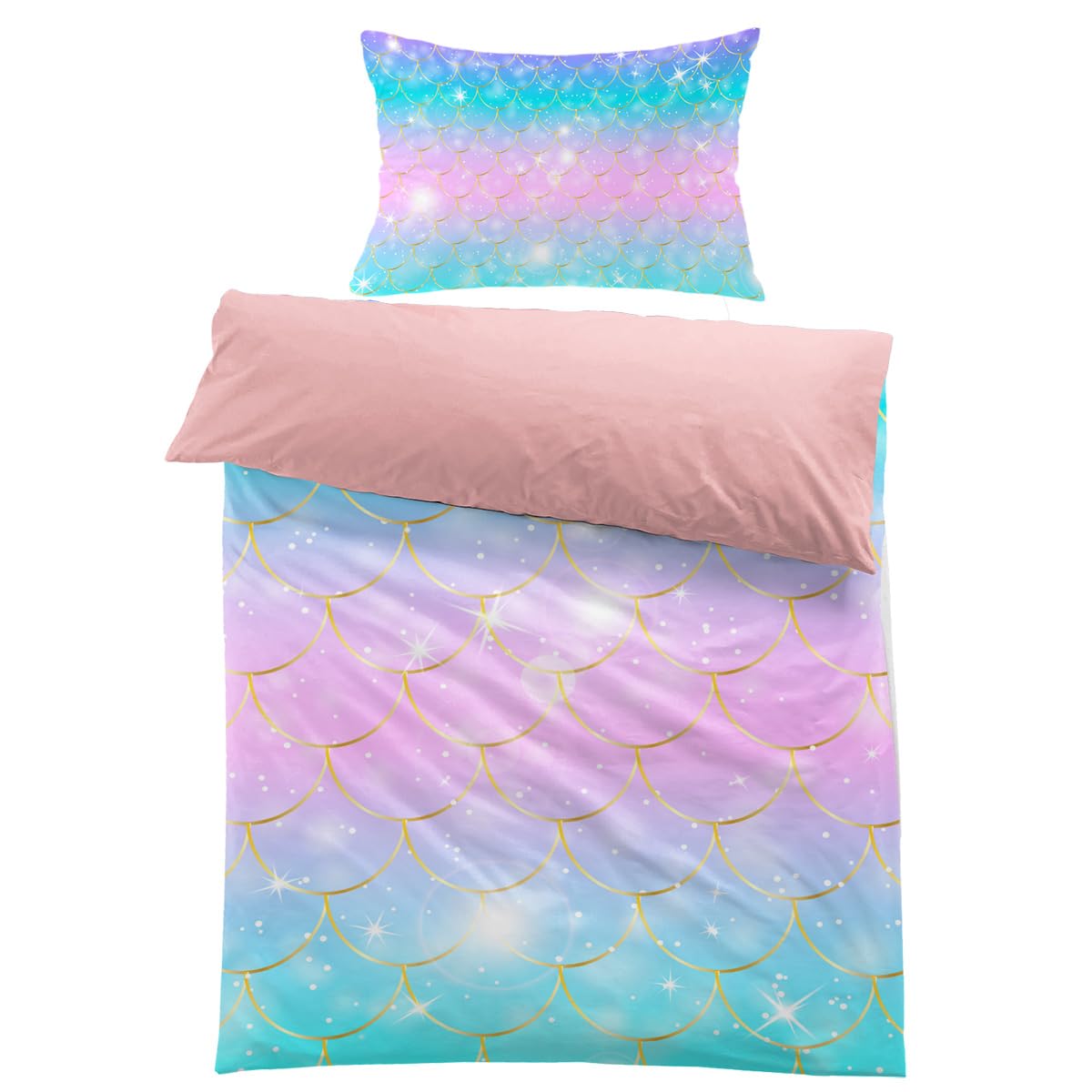 MUSOLEI Mermaid Bedding Set Girls Single Double Colorful 3D Mermaid Tail Blue Duvet Cover Sets Pink Lovely Quilt Cover Soft with Pillwocase (Pink Scales, Single)