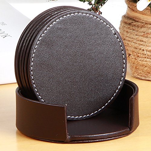 Set of 6 Leather Drinks Coasters with Holder Round Coaster Cup Mat Pad for Home and Kitchen Use,Protect Your Furniture (Brown Round)