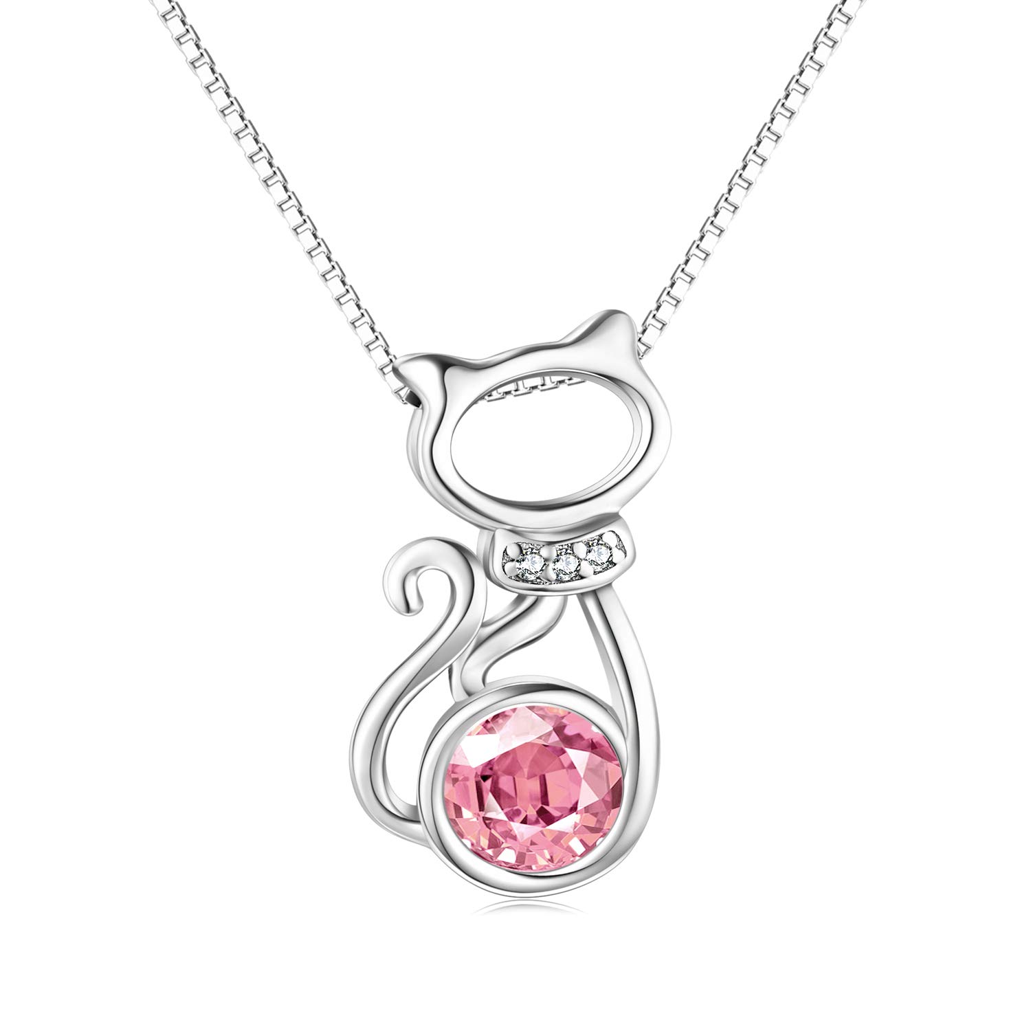 AOBOCO Cat Necklace with Pink Crystal October Birthstone 925 Sterling Silver Cute Animal Necklace Jewelry for Cat Lovers Women Girls Daughter Birthday Gifts