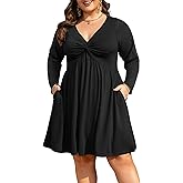Manllenshie Womens Plus Size Dress Roll up Long Sleeve Casual Deep V Neck Twist Knot Front Flowy Dresses with 2 Pockets