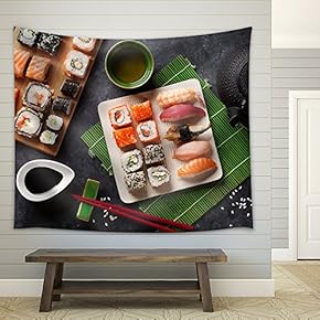Set of Sushi and Maki Roll and Green Tea on Stone Table. Top View - Fabric Wall Tapestry Home Decor - 51x60 inches
