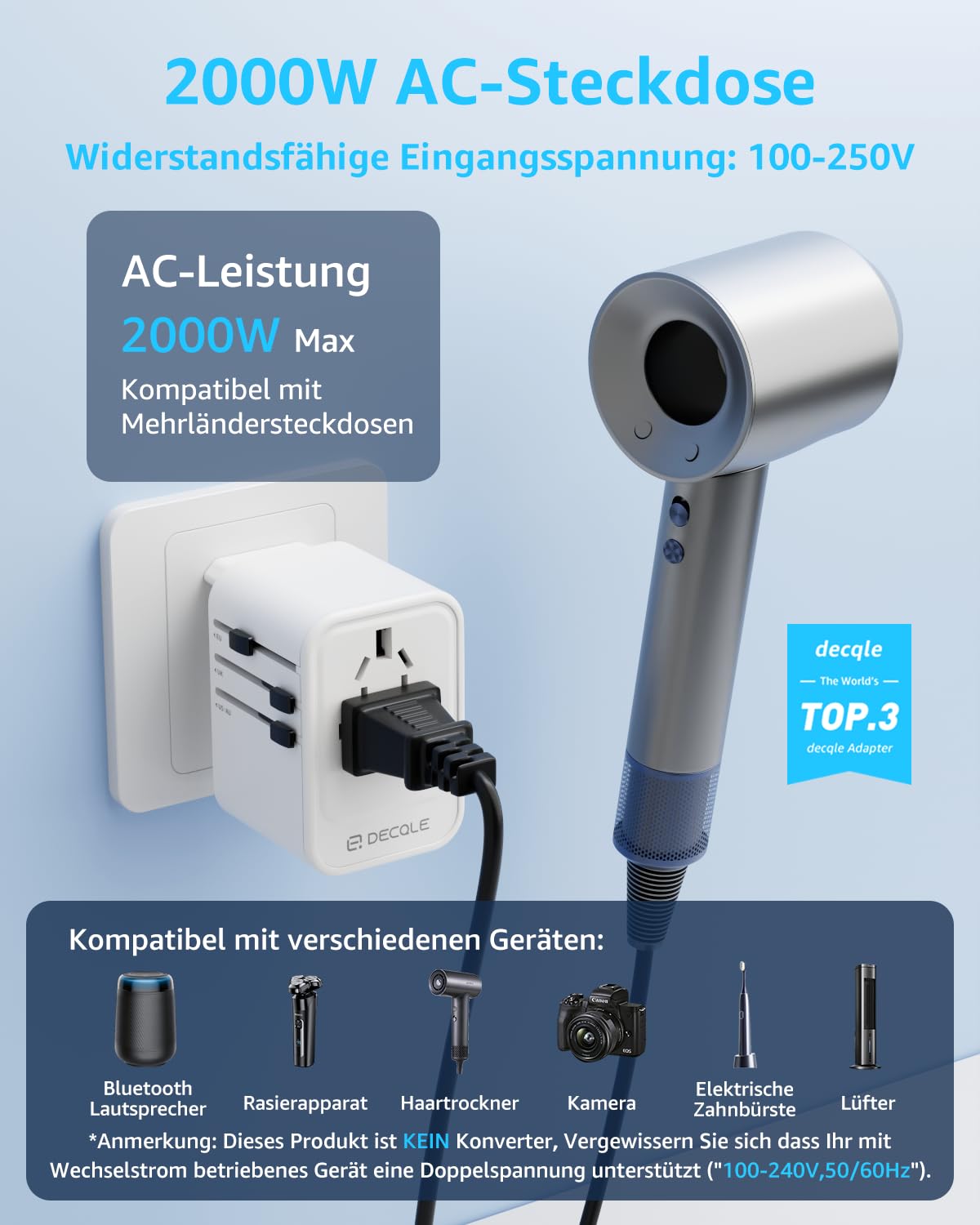 decqle Reiseadapter Weltweit, Universal Reisestecker mit 2 USB-C (PD 20W), 1 USB-A und 1 AC Steckdose, Internationaler Steckdosenadapter, AC Adapter Universaladapter für EU, UK, US, AU (Weiß) 2