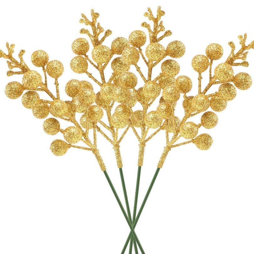 YYCRAFT Boxed Glitter Berries Stems, Artificial Berries Picks 10 Inch for Christmas Tree Ornaments, DIY Xmas Wreath, Crafts, Holiday and Home Decor(16 Pack, Gold) — image 1