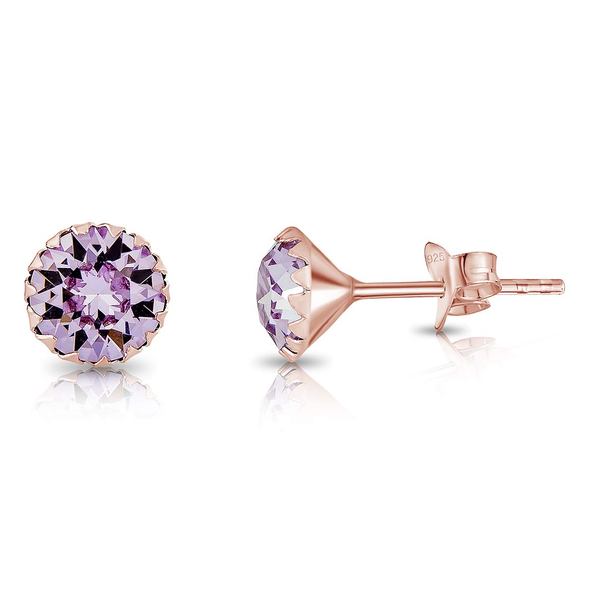 DTPSilver - 925 Sterling Silver Rose Gold Plated Round Stud Earrings made with Glittering Crystals from Swarovski® Elements - Diameter: 6 mm - Colour : Violet