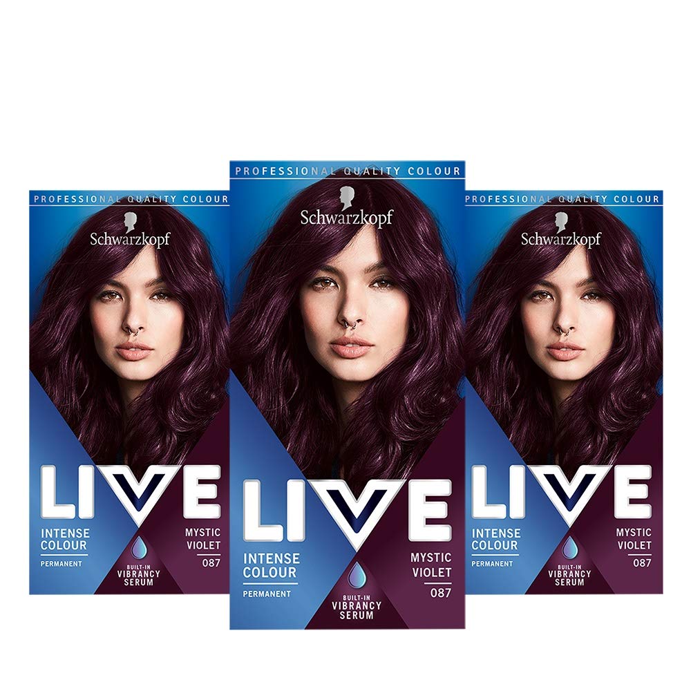 Schwarzkopf Live Intense Colour Purple Hair Dye, 3-Pack Permanent Colour & Built-In Vibrancy Serum, 087 Mystic Violet