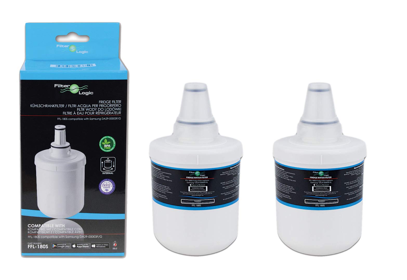 FilterLogic FFL-180S Fridge Water Filter Compatible with Samsung Aqua Pure Plus DA29-00003G, DA29-00003B, DA29-00003A, DA97-06317A, DA61-00159A, HAFCU1/XAA, HAFIN2/EXP, APP100; WSS-1, WF289 (2 Pack)