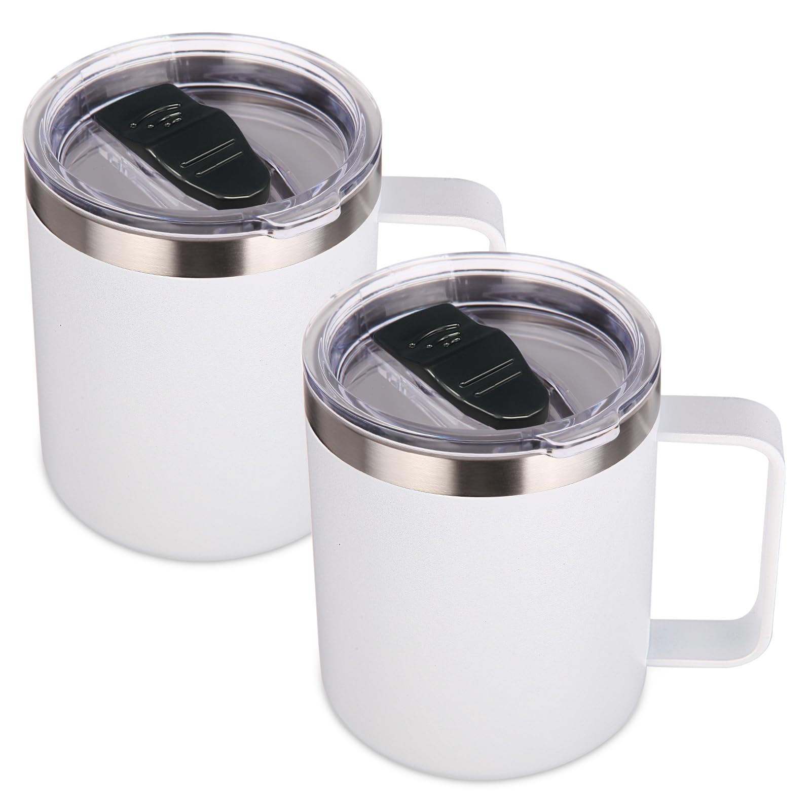 Volhoply 14oz Insulated Stainless Steel Coffee Mug with Lid Bulk 2 Pack,Double Wall Vacuum Travel Coffee Cup with Handle,Reusable Metal Tumbler,Camping Mugs Keep Hot,Christmas Gifts(White,2)