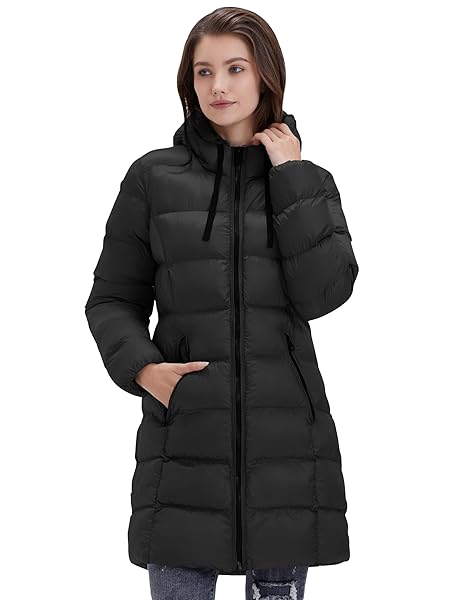 SLOWTOWN WOMEN’S PUFFER JACKET LIGHTWEIGHT HOODED PUFFY COAT MID-LENGTH WARM LONG PUFFER COAT (DEEP BLACK, X-LARGE)