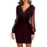 AIBEARTY Women's Sexy Wrap V-Neck Mesh Sequins Long Sleeve Dress Bodycon Elegant Banquet Cocktail Party Club Dress
