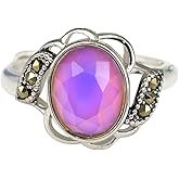 FUN JEWELS Vintage Style Flower Multi Color Change Oval Facet Crystal Stone Brass Mood Ring Size Adjustable For Women