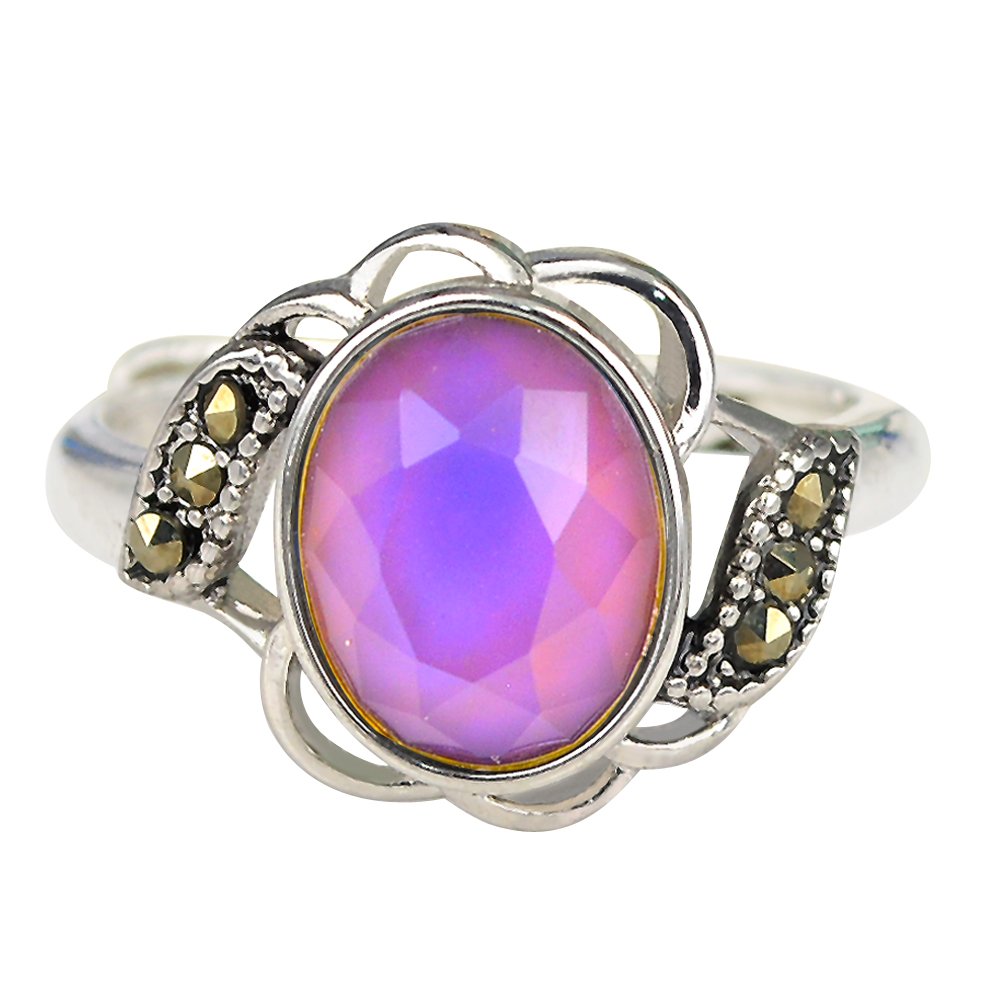 FUN JEWELS Vintage Style Flower Multi Color Change Oval Facet Crystal Stone Brass Mood Ring
