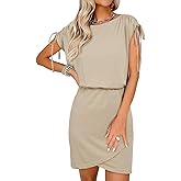 Dokotoo Womens 2024 Summer Dress Drawstring Cap Sleeve Crew Neck Wrap Bodycon Dresses Mini Short Dress