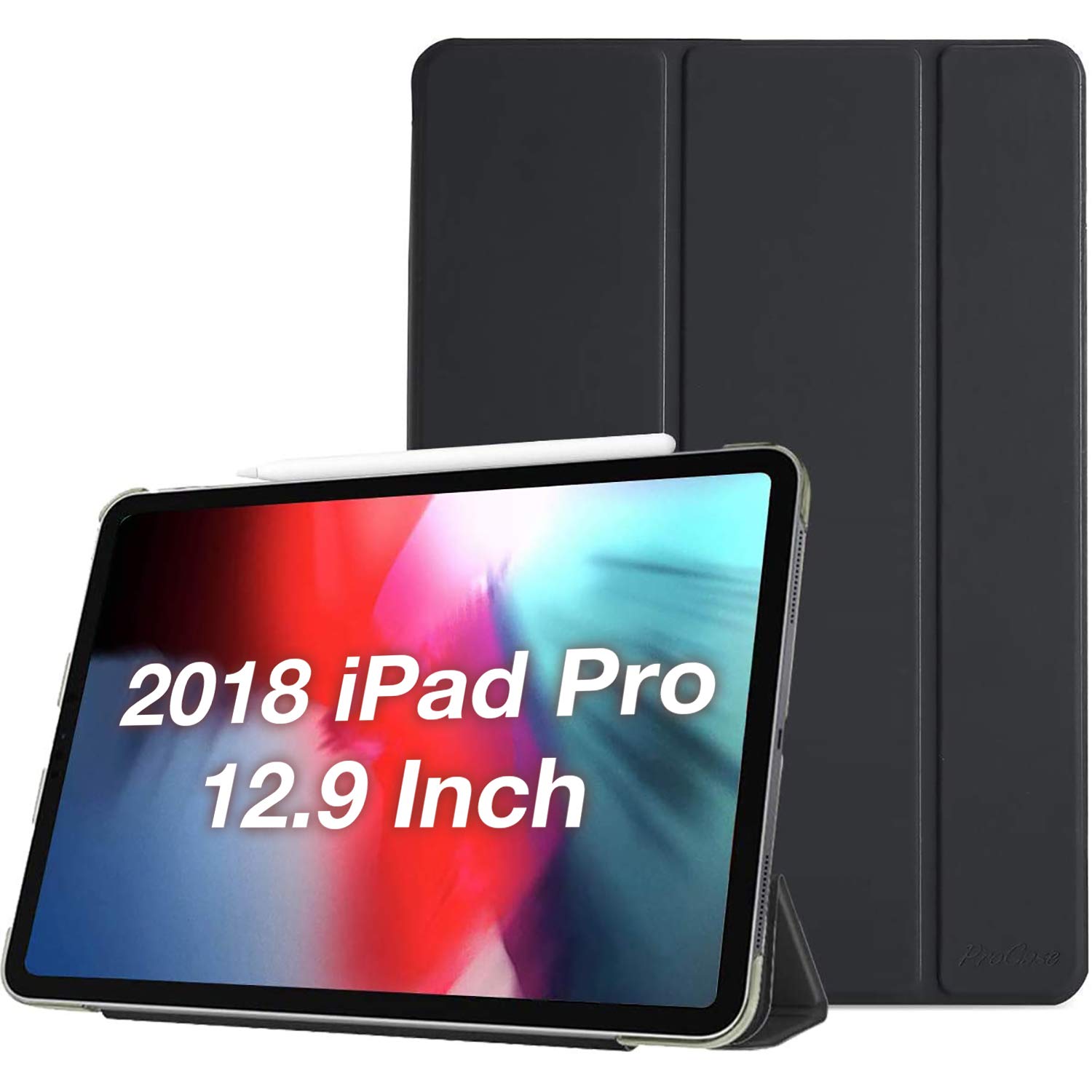 ProCase Smart Case for iPad Pro 12.9" 3rd Gen 2018, Ultra Slim Lightweight Trifold Stand Protective Shell Support Auto/Sleep Wake & Pencil Charging for iPad Pro 12.9 Inch 2018 –Black