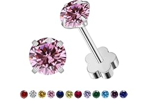 VDKIDKT Flower Screw Back Birthstone Stud Earrings for Women Girls, 3mm G23 Tiny CZ Flat Back Stud Earrings, Screw Back Helix