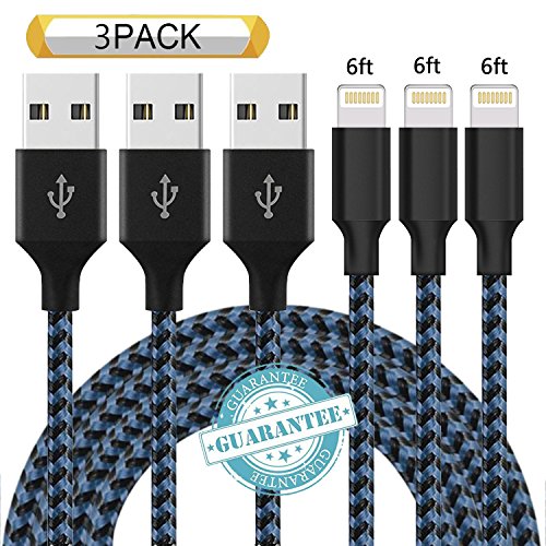 DANTENG Lightning Cable 3Pack 6FT Nylon Braided Certified iPhone Cable USB Cord Charging Charger for Apple iPhone X, 8, 7, 7 Plus, 6, 6s, 6+, 5, 5c, 5s, SE, iPad, iPod Nano, iPod Touch (Black Blue)