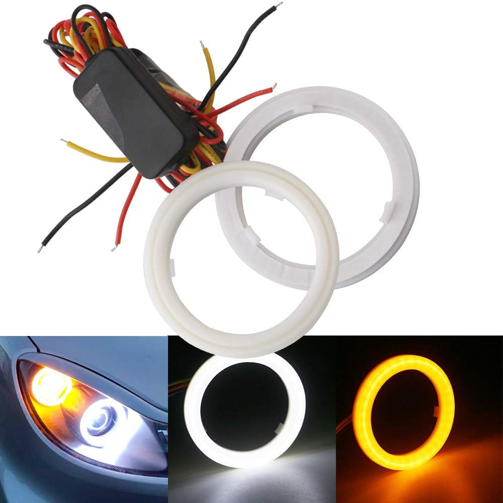 Qasim 1Pair COB Led 70mm Angel Eyes 12V DC with Cotton Cover Halo Rings Angelic LED Car Lights Auto White+Amber Dual Color