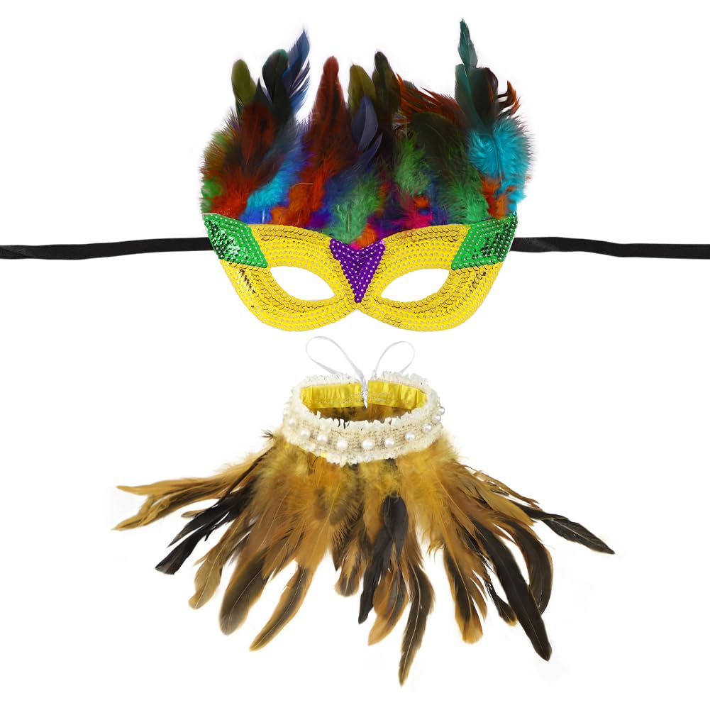 ITODA Feather Mask Scarf Sparkled Eyes Venetian Mask Gothic Ball Party Cosplay Eye Mask Mardi Gras Half Face Mask Carnival Costume Mask for Fancy Dress Halloween Costume Cosplay Party