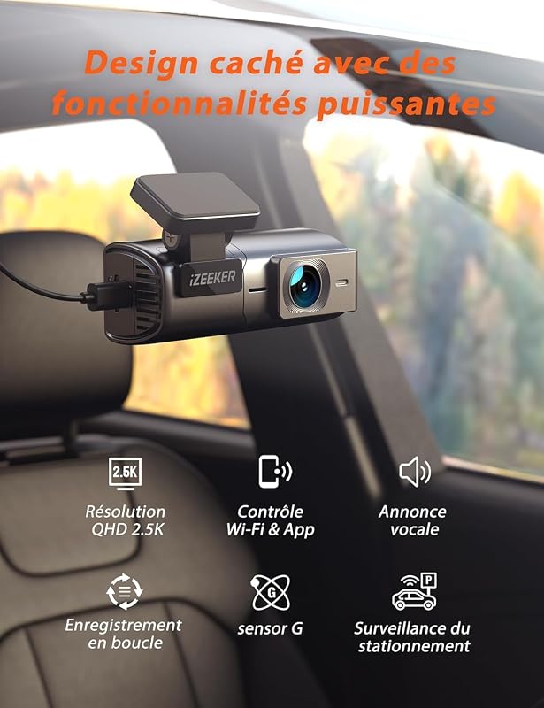 2.5K Dashcam Voiture, Camera Voiture 1440P WiFi, Mini Dash Cam Avant avec App Contrôle, Vision Nocturne, WDR, Capteur G, Enregistrement en Boucle, Mode Parking 24H